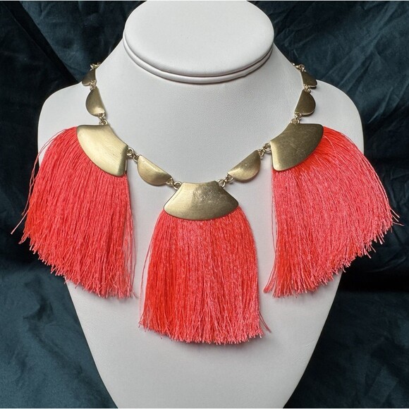 Goldtone Neon Coral Red Fan Fringe Statement Necklace 3 Tassel Adjustable 17-21” - Picture 1 of 13